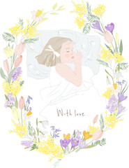 Obraz na płótnie Canvas Cute Girl sleeping in Spring Floral Wreath. Vector Illustration