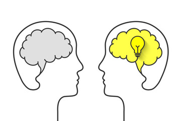 Head, brain and light bulb as idea concept. Profile and face outline, grey mind silhouette, yellow lightbulb symbol. 