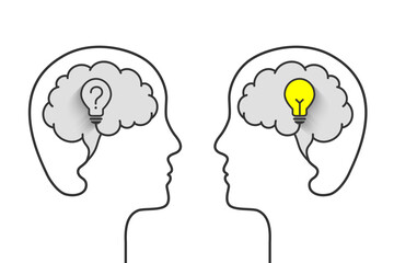 Confusion and idea concept. Head, profile and face outline, brain and mind silhouette. One light bulb with question mark, confused, unsure, asking. One bright lightbulb as solution symbol.
