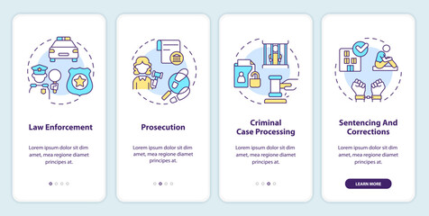 Justice system onboarding mobile app screen. Public safety. Walkthrough 4 steps editable graphic instructions with linear concepts. UI, UX, GUI template. Myriad Pro-Bold, Regular fonts used