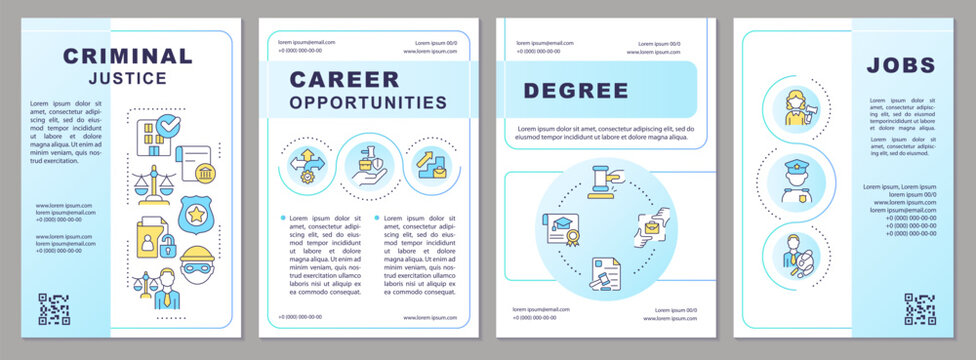 Criminal justice light blue brochure template. Career. Leaflet design with linear icons. Editable 4 vector layouts for presentation, annual reports. Arial-Black, Myriad Pro-Regular fonts used