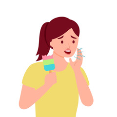 Woman with sensitive teeth and hand holding ice cream in flat design. Dental problem concept vector illustration.