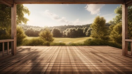 wooden floor backyard with natural background, idea for outdoor backdrop with copy space for your message or product, Generative Ai
