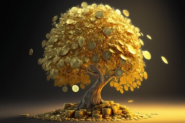 golden gold coin tree has coins as leaves that fall on ground, idea for limitless income, wealth and prosperity, rich and successful business growth, Generative Ai - obrazy, fototapety, plakaty