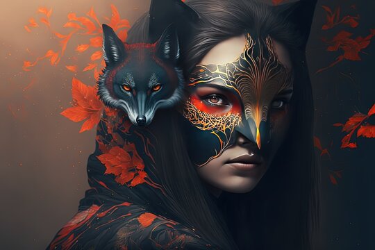 illustration of traditional Asian folklore mythology creature, nine-tailed fox, shapeshifting appearance to be other person or human form, modern art theme, Generative Ai