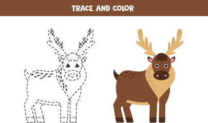 Trace and color cartoon cute cartoon moose. Worksheet for children.