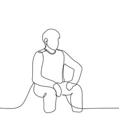 man sits in a confident pose with legs wide apart resting his palms on his hips - one line drawing vector. confident posture concept
