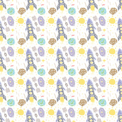Seamless space pattern. Cosmos background. Doodle vector space illustration