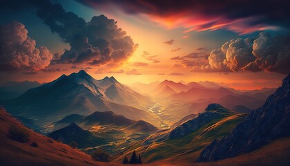 This sunset in the valley of the mountains is breathtaking. a magnificent sky with hills and clouds in the backdrop. idea of the splendor of nature at dusk. Generative AI