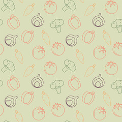 eamless pattern with broccoli, carrot, pepper, onion, tomato on a green background. Multicolored contours of vegetables in a flat style. Vector background.