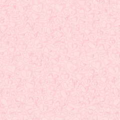 Valentines seamless pattern doodle background. Flat modern icons collage. Romance love themed label, tag, card, print, pattern, texture, etc.