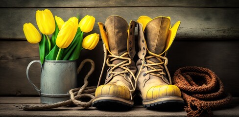 Water boot and yellow tulips on a wooden backdrop. Generative AI