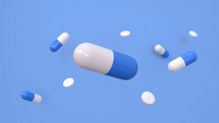 Medicine capsules on a blue background. 3d rendering.