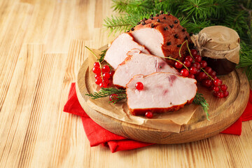 Concept of tasty food, ham, space for text