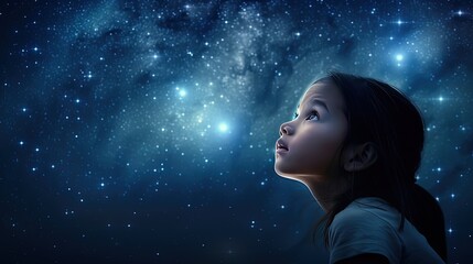 Obraz na płótnie Canvas a kid looking up in the starfield sky with hope and dream , imagination future of youth, Generative Ai