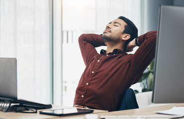 Corporate asian man, rest and stretching in office for stress, tired or burnout with eyes closed....