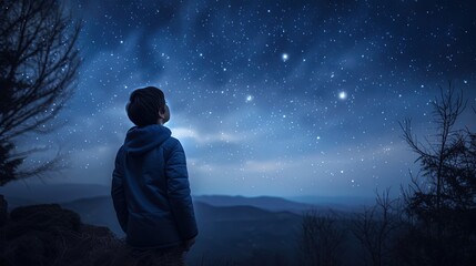 Fototapeta premium a kid looking up in the starfield sky with hope and dream , imagination future of youth, Generative Ai