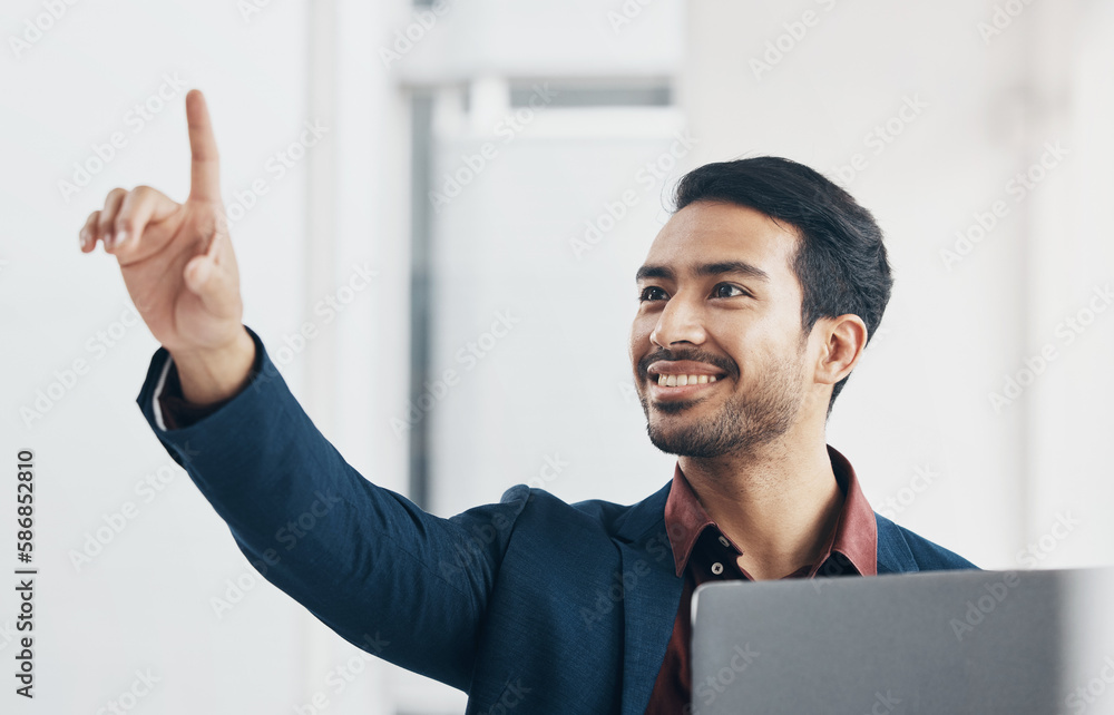 Poster Virtual screen, laptop or happy man touch architect engineering design, cyber UI or digital transformation. AI system development, IOT dashboard or person pointing at creative architecture innovation
