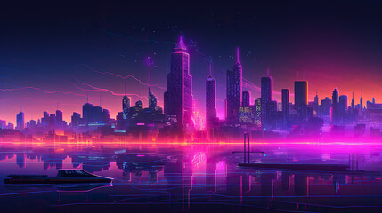 Futuristic city at night with neon lights. Generative AI