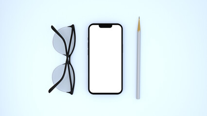 Top view of a phone with a clean white screen for design, glasses, pencil on a light green pastel background. Mock up, template for designer. 3d rendering.