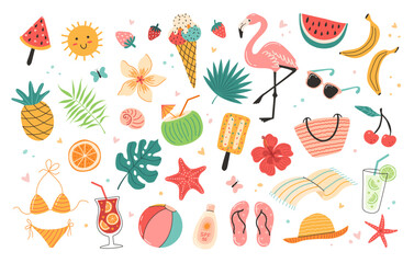 Set of cute summer stickers. Collection of scrapbooking elements, beach party: cocktail, bag, ice cream, tropical flower, bikini, flamingo, fruits, palm leaves. Tropical vacation. Summer icons.