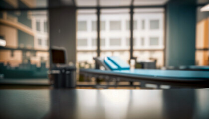 Table. A hospital can be seen blurred in the background. Ideal for products as a presentation.