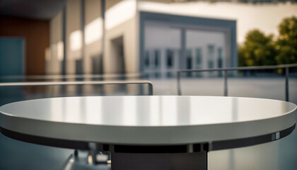 Table. A hospital can be seen blurred in the background. Ideal for products as a presentation.