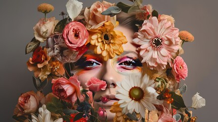 Obraz na płótnie Canvas close up pretty woman face wearing fantasy make up with flower cover on face, Generative Ai