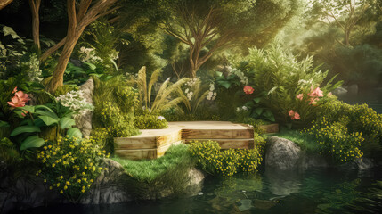 Natural garden landscape,stream, lush rich foliage flowers.Use for product presentation and banner.Generative AI