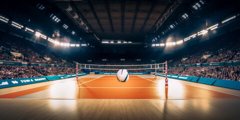 Fantastic volleyball court with fans in the grandstand and a volleyball on a wooden floor. professional 3D illustration background for sports - Generative AI - obrazy, fototapety, plakaty
