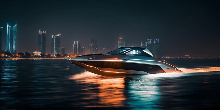 A city at night is visible behind the modern speed boat as it sails in the harbor. - Generative AI