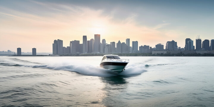 Modern fast boat sailing in bay with a city at sunrise as background. Generative AI