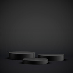 Three step black podium on black background. Vector illustration