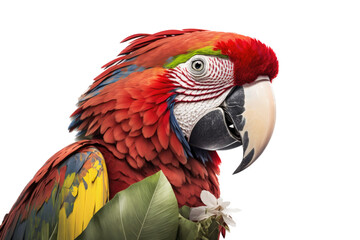 a summer-themed macro up-close photographic illustration of a red, green, and orange macaw parrot with flowers and leaves on a transparent background in PNG. T-shirt Design. Generative AI