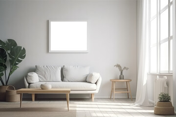 Obraz na płótnie Canvas boho minimalist cozy healing living room blank frame mockup with Generative AI technology