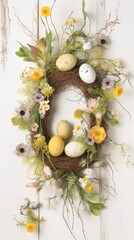 Easter composition of Easter quail eggs, flowers, paper blank over white background. Spring holidays concept with copy space. Overhead shot