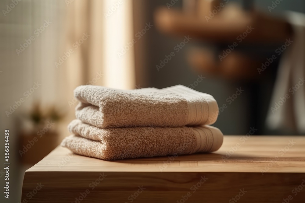 Poster neat stack of towels on a rustic wooden table. generative ai