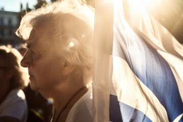 Citizens participating in the Greek electoral process, casting their votes at a polling station with ballot boxes, flags, and posters. generative ai