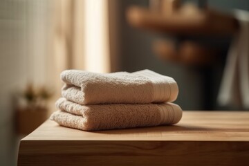 Fototapeta na wymiar neat stack of towels on a rustic wooden table. Generative AI