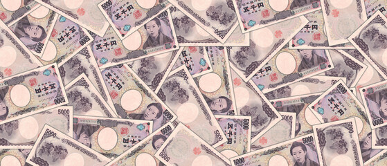 Japan financial illustration. Seamless pattern. The obverse and reverse of Japanese 5000 yen banknotes are randomly scattered. Wallpaper or background.