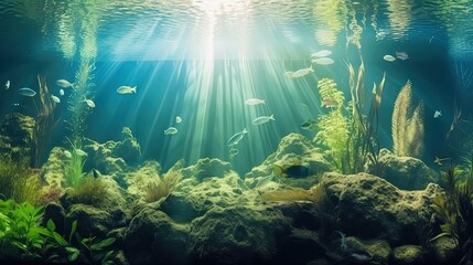 Obraz premium underwater aquarium world with sunlight shine through water surface, Generative Ai
