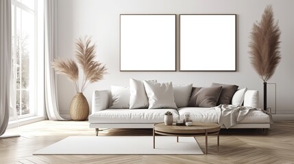mock-up wall decor frame is hanging in cozy minimalism living room with comfort sofa,  mockup idea, Generative Ai