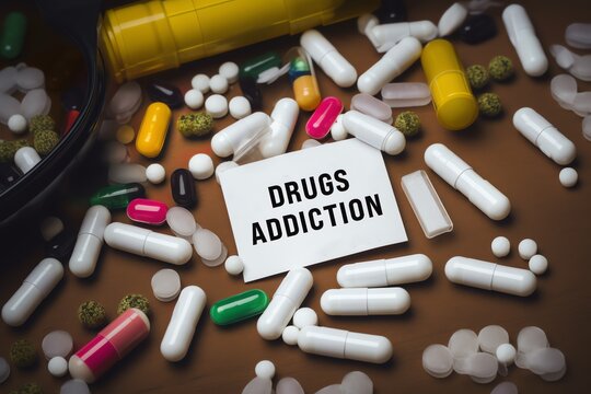 Drugs and pills on the dark table. Drugs illegal. Drug addiction concept. Drug abuse. Generative AI