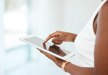 Business woman, tablet and hands for communication, internet and network connection. Black female...