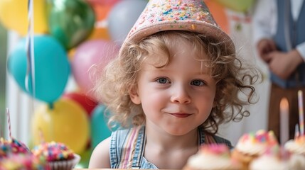 Cute adorable preschooler child wearing hat on birthday party. Cupcakes with candles and lots of balloons on the background. AI generative image.