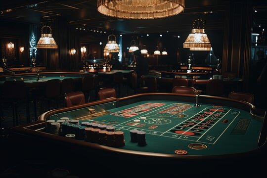 close up casino tables and table game in luxury room with nobody, Generative Ai