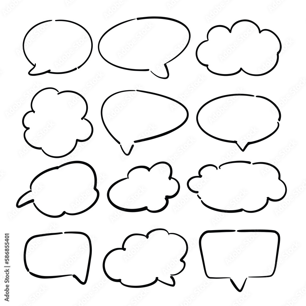 Poster speech symbol talk and thinking. bubble with clouds thin line set.