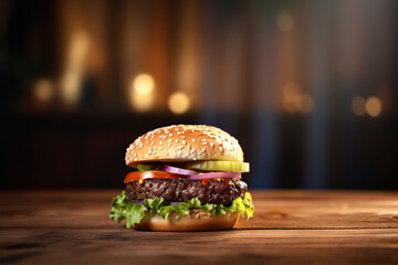 Close up the photo of a hamburger with a cutlet grilled on a wooden surface in the kitchen generative AI