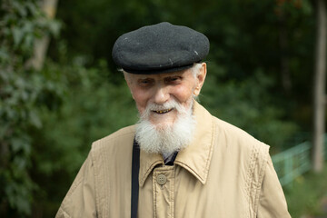 Happy old man. Grandfather's gray beard. Man of 90 years. Russian centenarian.