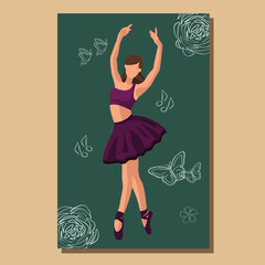 Caucasian white faceless ballet dancer in a purple tutu and pointe shoes dancing on a green poster with flowers and butterflies. Vector illustration in flat style © okskukuruza